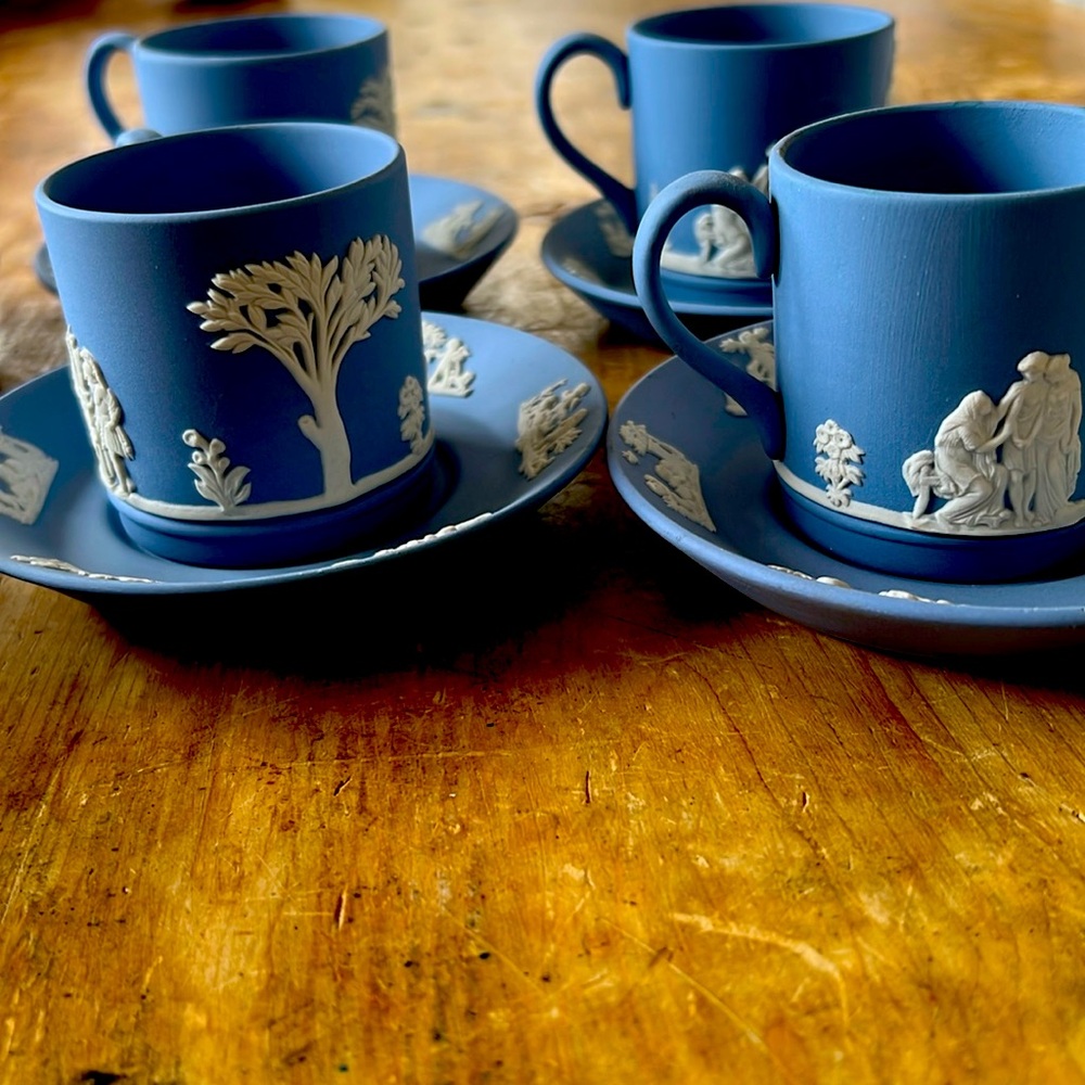 Wedgewood Blue Jasperware Set of 8 espresso Cups and Saucers Vintage Excellent